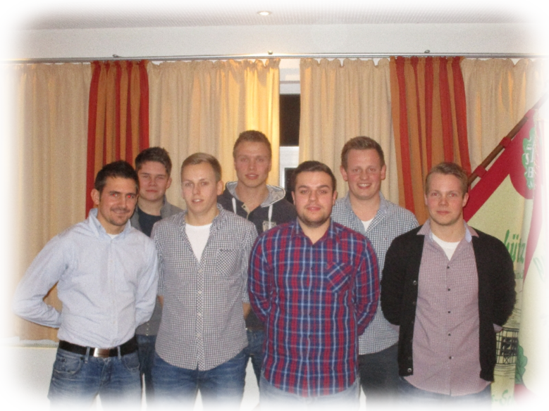 Jungschützenvorstand 2016 Chris Hömberg, Laurin Liese, Niklas Odenthal, Jonas Aufderbeck, Lukas Hachmann, Felix Odenthal und Marvin Hengsbach