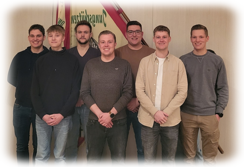 Jungschützenvorstand 2022 Nils Peetz, Laurin Liese, Henry Sommer, Justus Rose, Philip Peetz, Felix Ricken und Marius Ramspott