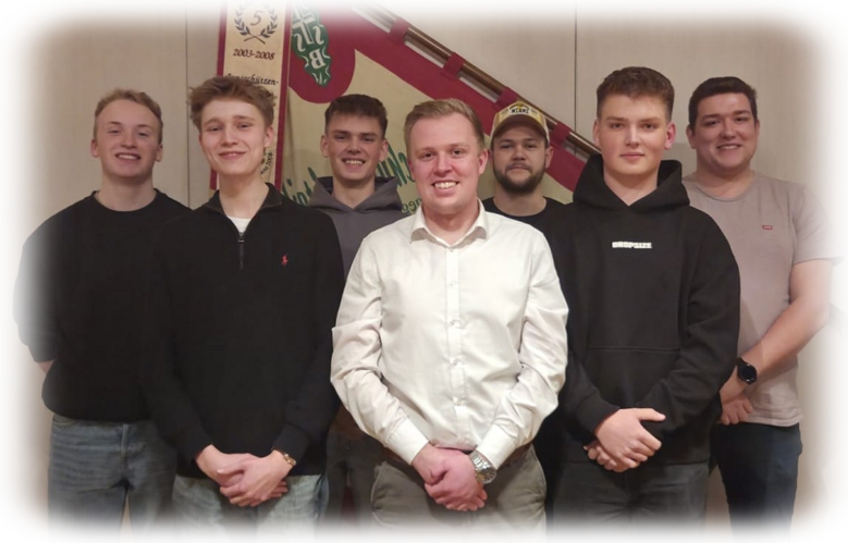 Jungschützenvorstand 2022 Nils Peetz, Laurin Liese, Henry Sommer, Justus Rose, Philip Peetz, Felix Ricken und Marius Ramspott